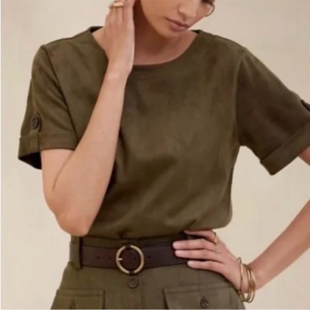 Banana Republic Olive Green Faux Suede Short Sleeve Top